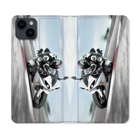 Housse Cuir Portefeuille Pour Iphone 15 Plus (6,7) Moto Course GP Blanche