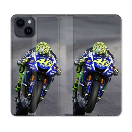 Housse Cuir Portefeuille Pour Iphone 15 Plus (6,7) Moto Course GP Wheeling 46