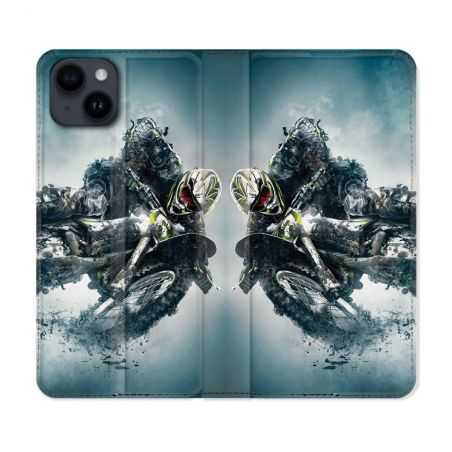 Housse Cuir Portefeuille Pour Iphone 15 Plus (6,7) Moto Cross Ombre