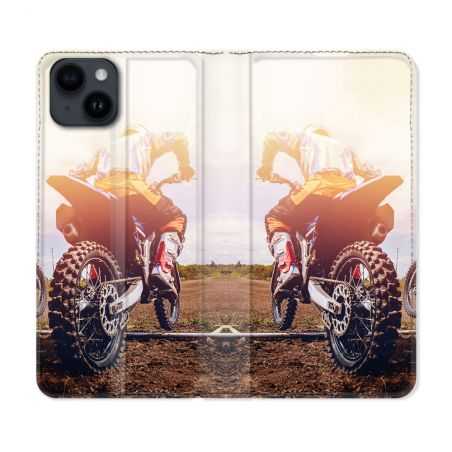 Housse Cuir Portefeuille Pour Iphone 15 Plus (6,7) Moto Cross Soleil