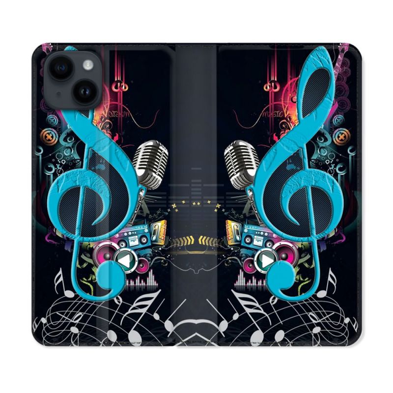 Housse Cuir Portefeuille Pour Iphone 15 Plus (6,7) Musique Cle Sol Bleu