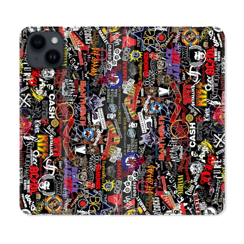 Housse Cuir Portefeuille Pour Iphone 15 Plus (6,7) Musique Rock Groupe