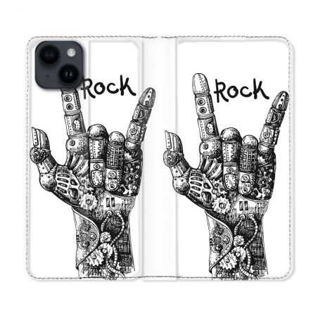 Housse Cuir Portefeuille Pour Iphone 15 Plus (6,7) Musique Rock Main