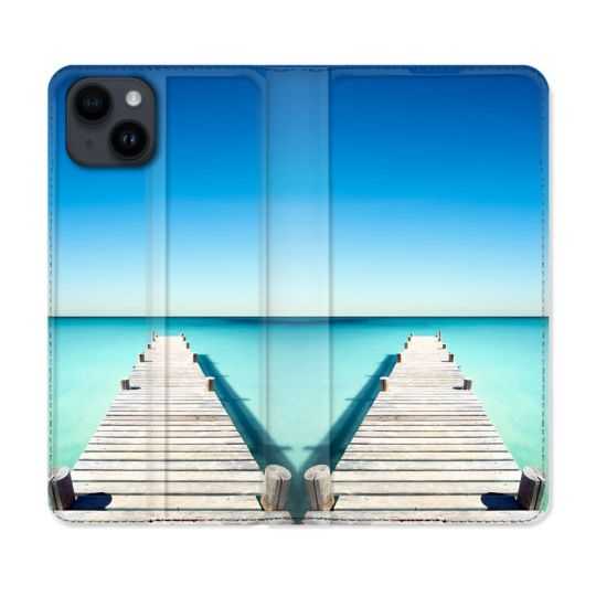 Housse Cuir Portefeuille Pour Iphone 15 Plus (6,7) Nature Pont Mer