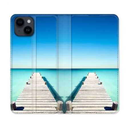 Housse Cuir Portefeuille Pour Iphone 15 Plus (6,7) Nature Pont Mer