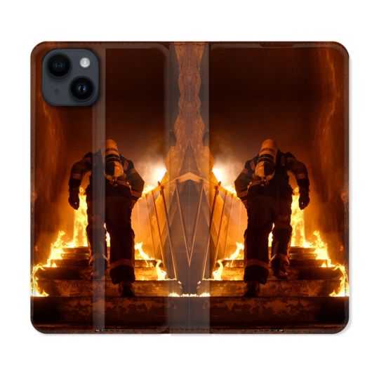 Housse Cuir Portefeuille Pour Iphone 15 Plus (6,7) Pompier Escalier