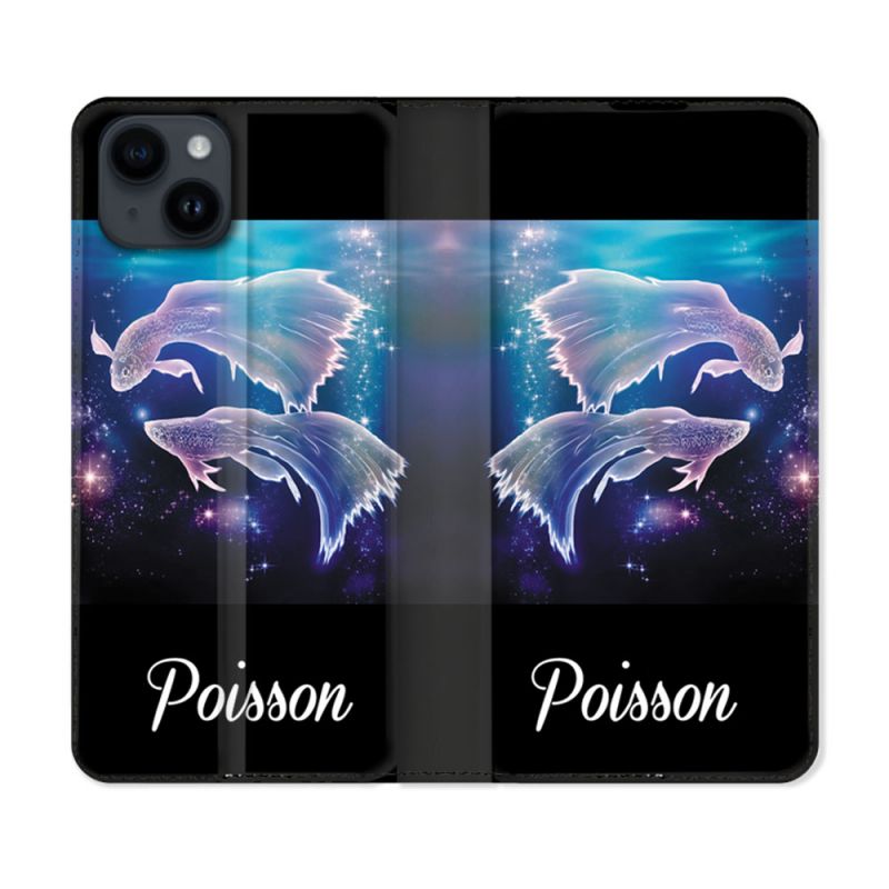 Housse Cuir Portefeuille Pour Iphone 15 Plus (6,7) Signe Zodiaque 2 Poisson