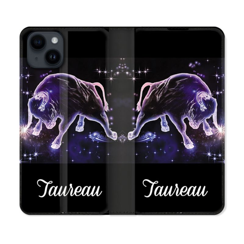 Housse Cuir Portefeuille Pour Iphone 15 Plus (6,7) Signe Zodiaque 2 Taureau
