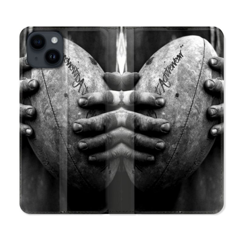 Housse Cuir Portefeuille Pour Iphone 15 Plus (6,7) Sport Rugby Ballon Vintage