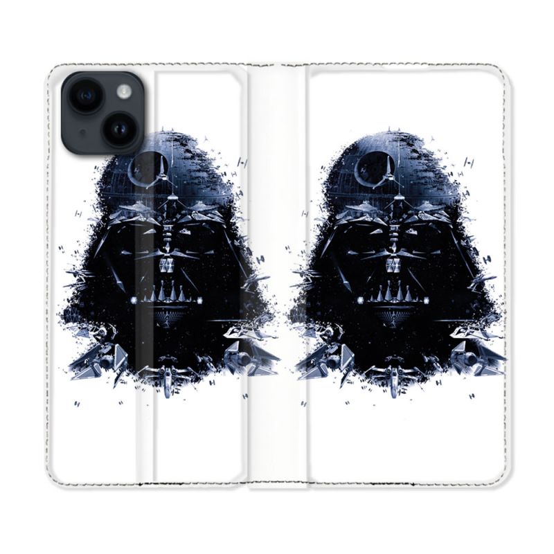 Housse Cuir Portefeuille Pour Iphone 15 Plus (6,7) Star Wars - Dark Vador Blanc
