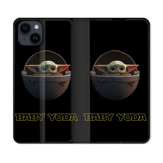 Housse Cuir Portefeuille Pour Iphone 15 Plus (6,7) Star Wars - Yoda bebe noir