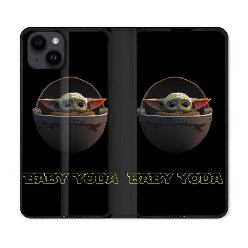 Housse Cuir Portefeuille Pour Iphone 15 Plus (6,7) Star Wars - Yoda bebe noir