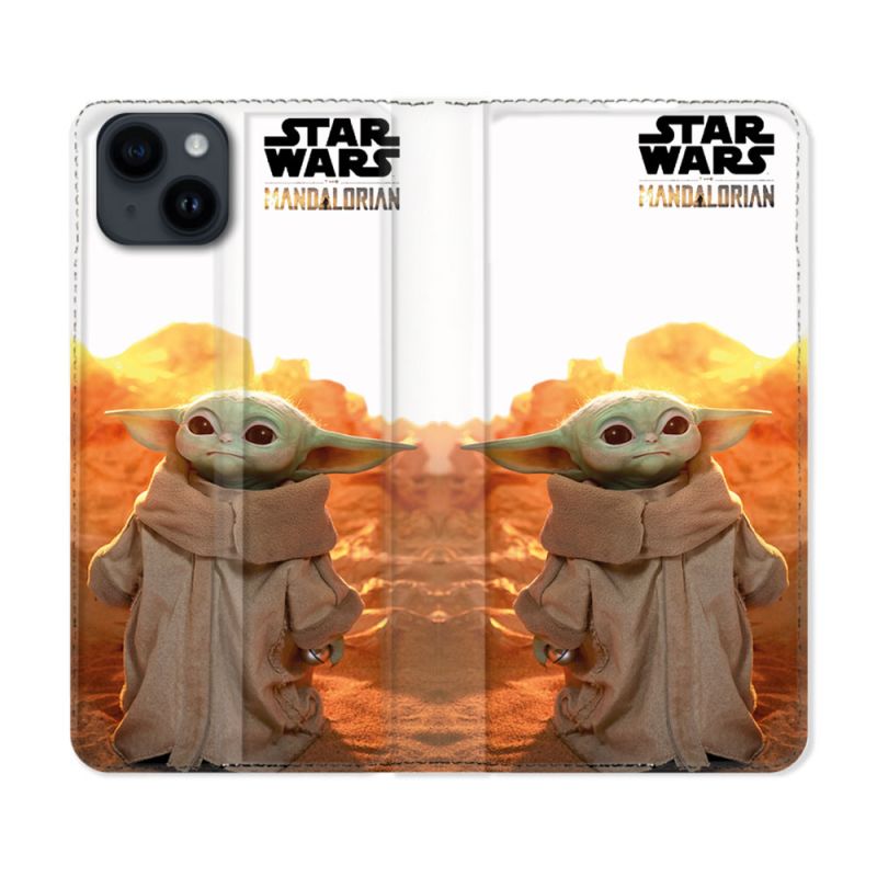 Housse Cuir Portefeuille Pour Iphone 15 Plus (6,7) Star Wars - Yoda bebe soleil