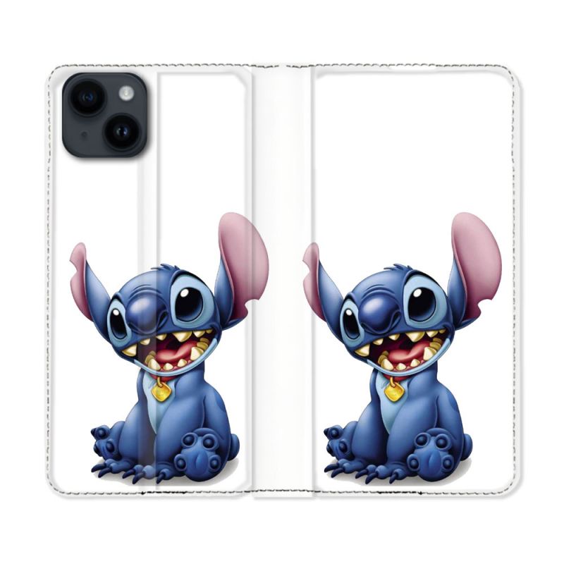 Housse Cuir Portefeuille Pour Iphone 15 Plus (6,7) Stitch Blanc