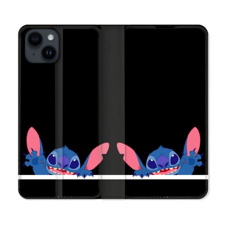 Housse Cuir Portefeuille Pour Iphone 15 Plus (6,7) Stitch Noir