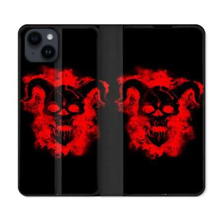 Housse Cuir Portefeuille Pour Iphone 15 Plus (6,7) Tete de Mort Diable