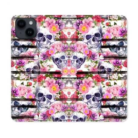 Housse Cuir Portefeuille Pour Iphone 15 Plus (6,7) Tete de Mort Pattern