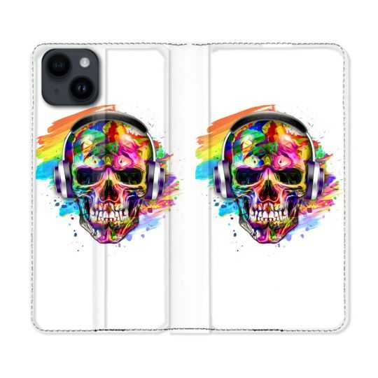 Housse Cuir Portefeuille Pour Iphone 15 Plus (6,7) Tete de Mort Tag