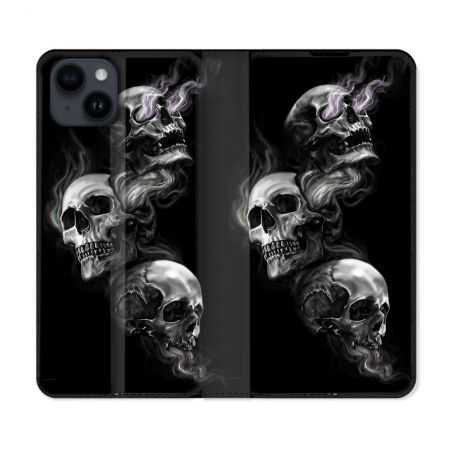 Housse Cuir Portefeuille Pour Iphone 15 Plus (6,7) Tete de Mort Triple