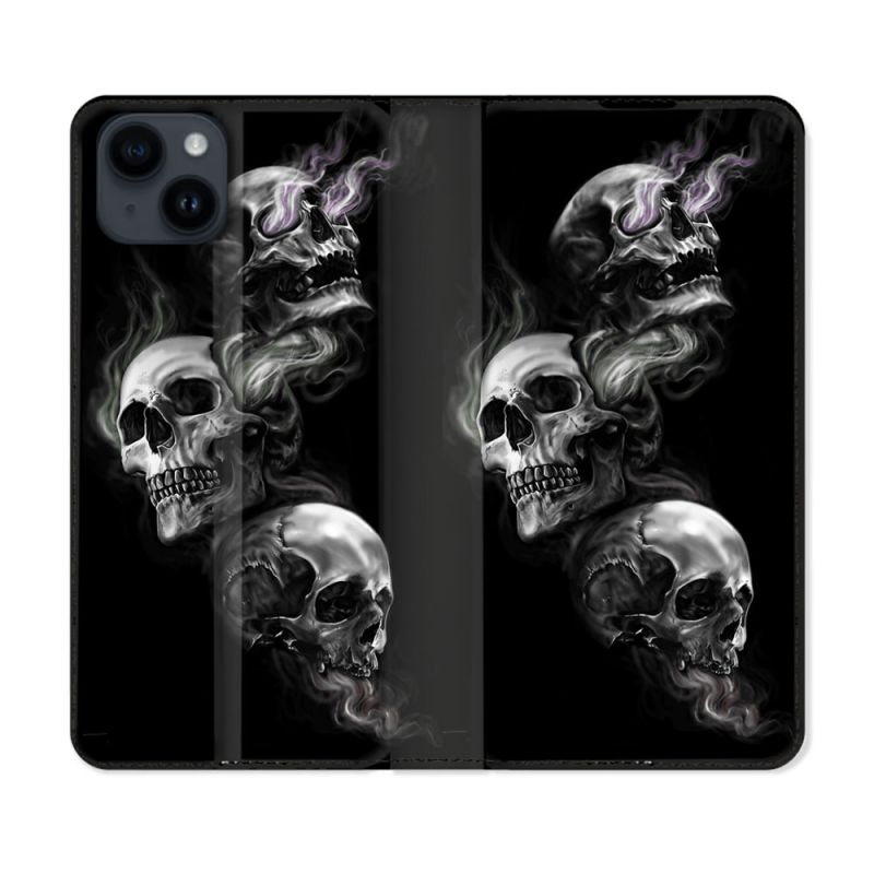 Housse Cuir Portefeuille Pour Iphone 15 Plus (6,7) Tete de Mort Triple