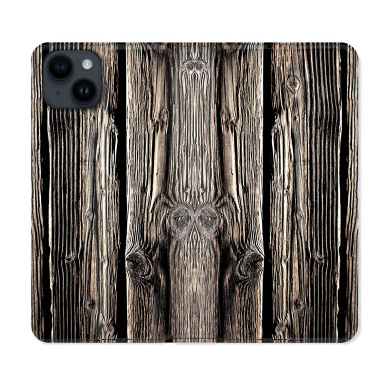 Housse Cuir Portefeuille Pour Iphone 15 Plus (6,7) Texture Bois