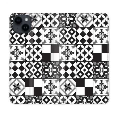 Housse Cuir Portefeuille Pour Iphone 15 Plus (6,7) Texture Carreau Ciment Noir