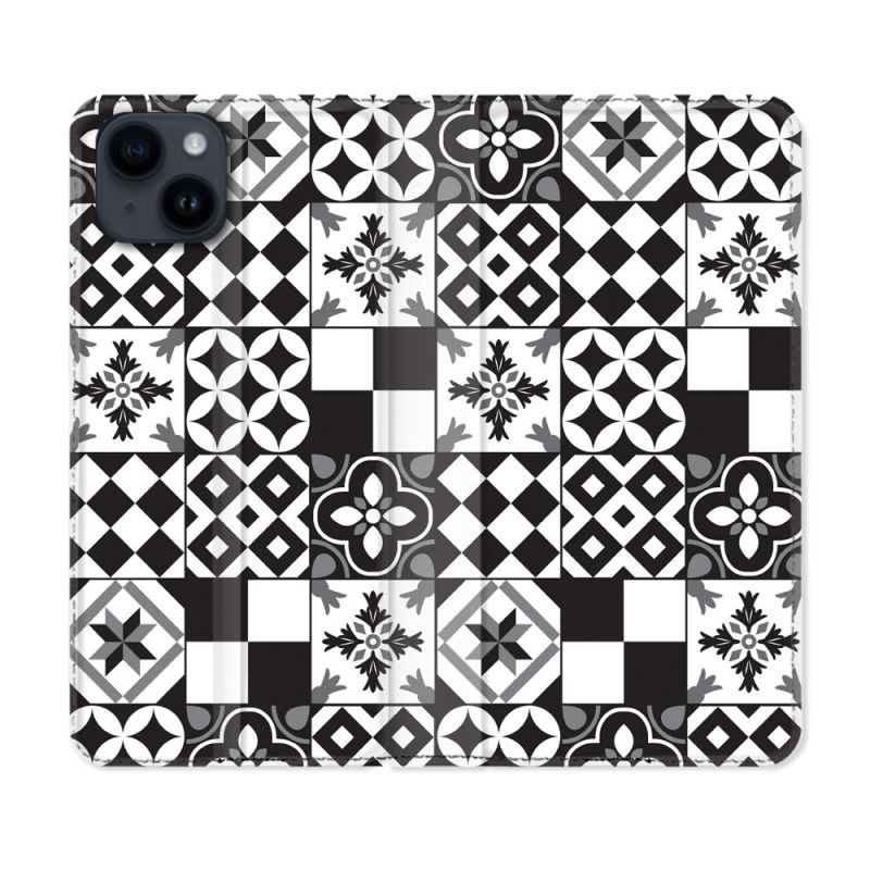 Housse Cuir Portefeuille Pour Iphone 15 Plus (6,7) Texture Carreau Ciment Noir