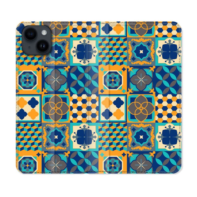 Housse Cuir Portefeuille Pour Iphone 15 Plus (6,7) Texture Carreau Ciment Orange