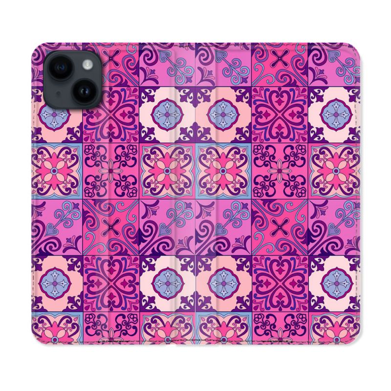 Housse Cuir Portefeuille Pour Iphone 15 Plus (6,7) Texture Carreau Ciment Violet