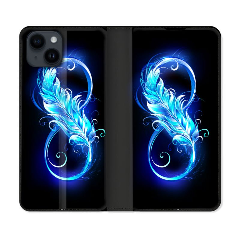 Housse Cuir Portefeuille Pour Iphone 15 Plus (6,7) Texture Plume Infini Bleu