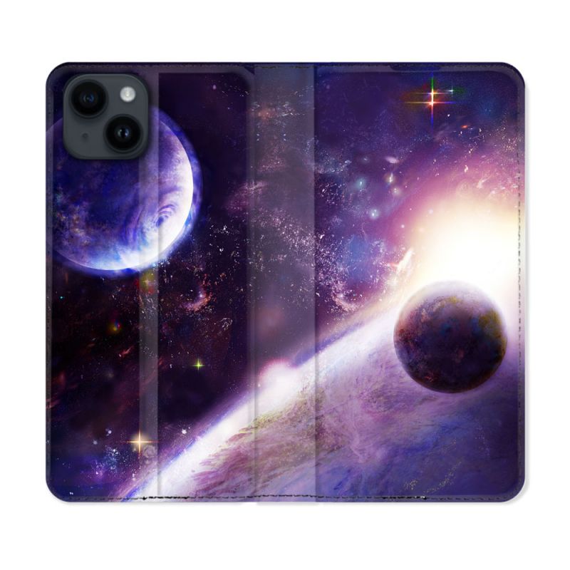 Housse Cuir Portefeuille Pour Iphone 15 Plus (6,7) Univers Planete Stellaire