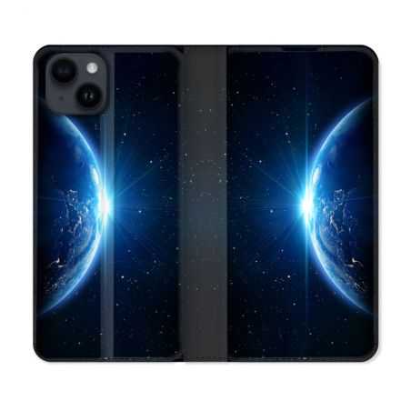 Housse Cuir Portefeuille Pour Iphone 15 Plus (6,7) Univers Planete Terre