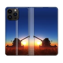 Housse Cuir Portefeuille Pour Iphone 15 Pro (6,1) Agriculture Moissonneuse Soleil