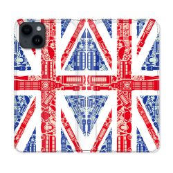 Housse Cuir Portefeuille Pour Iphone 15 Plus (6,7) Voyage Angleterre Blanc
