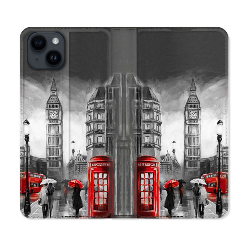 Housse Cuir Portefeuille Pour Iphone 15 Plus (6,7) Voyage Angleterre Londres Vintage