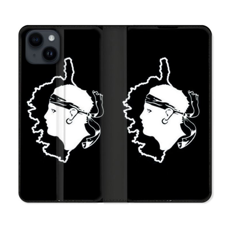 Housse Cuir Portefeuille Pour Iphone 15 Plus (6,7) Voyage Corse Noir