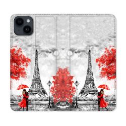 Housse Cuir Portefeuille Pour Iphone 15 Plus (6,7) Voyage France Paris Rouge