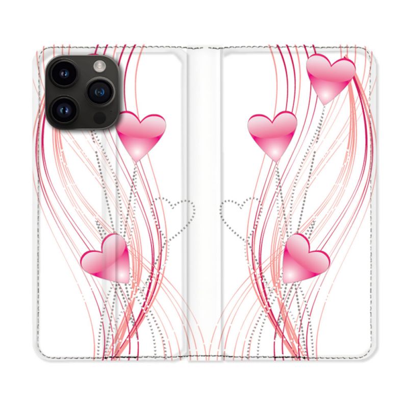 Housse Cuir Portefeuille Pour Iphone 15 Pro (6,1) Amour Coeur Rose Montant sur Blanc