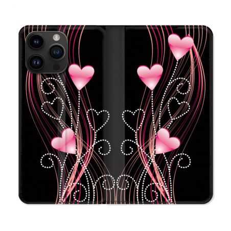 Housse Cuir Portefeuille Pour Iphone 15 Pro (6,1) Amour Coeur Rose Montant sur Noir