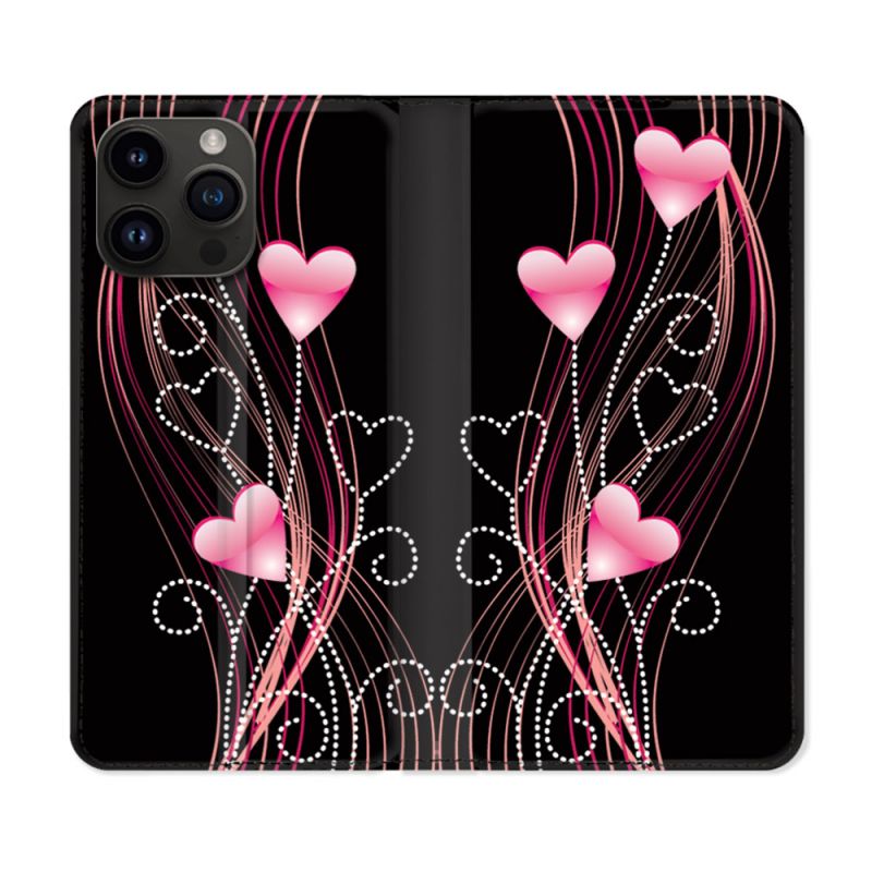 Housse Cuir Portefeuille Pour Iphone 15 Pro (6,1) Amour Coeur Rose Montant sur Noir