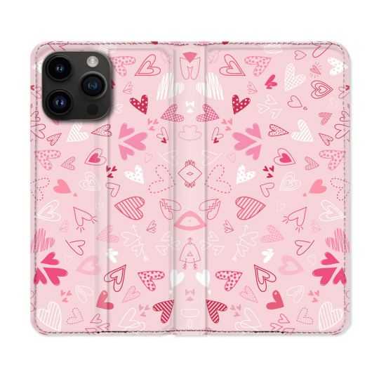 Housse Cuir Portefeuille Pour Iphone 15 Pro (6,1) Amour Ptis Coeurs