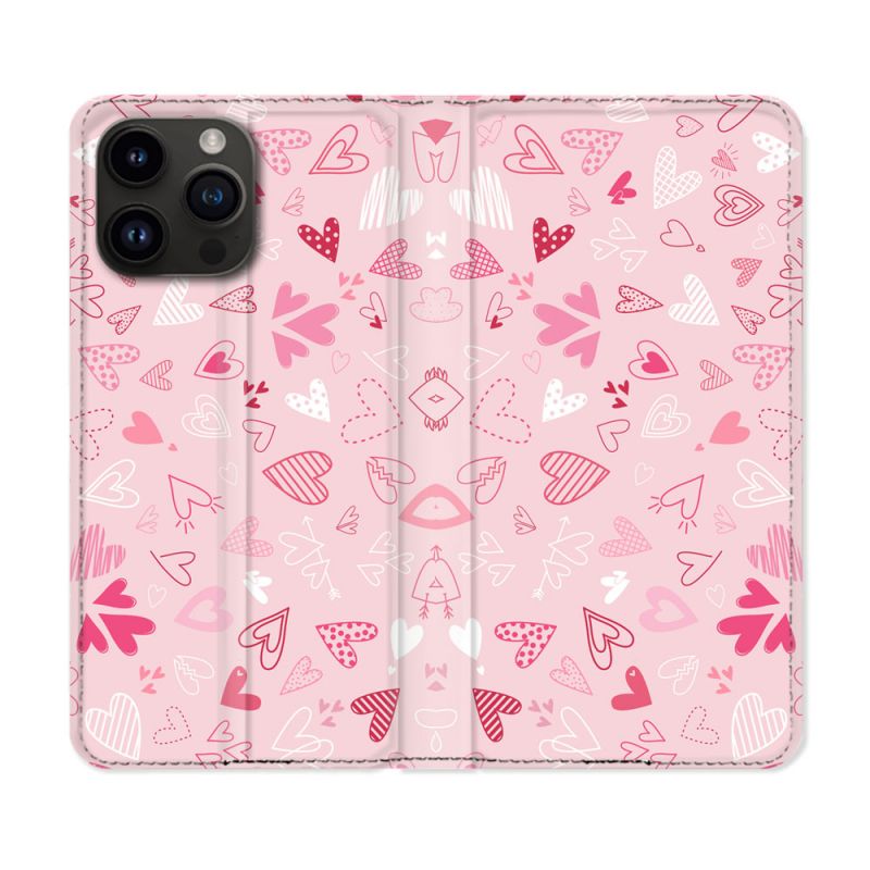 Housse Cuir Portefeuille Pour Iphone 15 Pro (6,1) Amour Ptis Coeurs