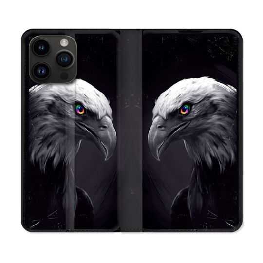 Housse Cuir Portefeuille Pour Iphone 15 Pro (6,1) Animal Aigle Royal Noir