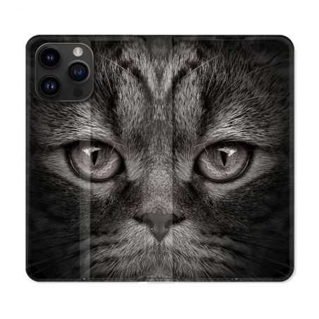 Housse Cuir Portefeuille Pour Iphone 15 Pro (6,1) Animal Chat Gris