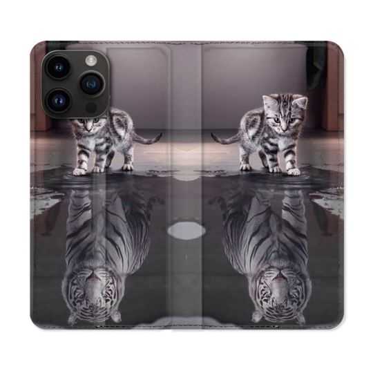 Housse Cuir Portefeuille Pour Iphone 15 Pro (6,1) Animal Chat Reflet