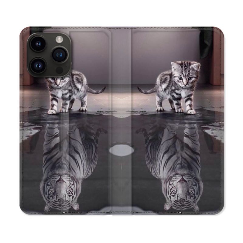 Housse Cuir Portefeuille Pour Iphone 15 Pro (6,1) Animal Chat Reflet