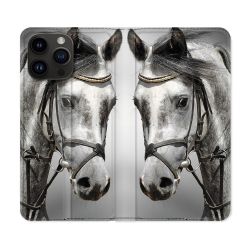 Housse Cuir Portefeuille Pour Iphone 15 Pro (6,1) Animal Cheval Blanc