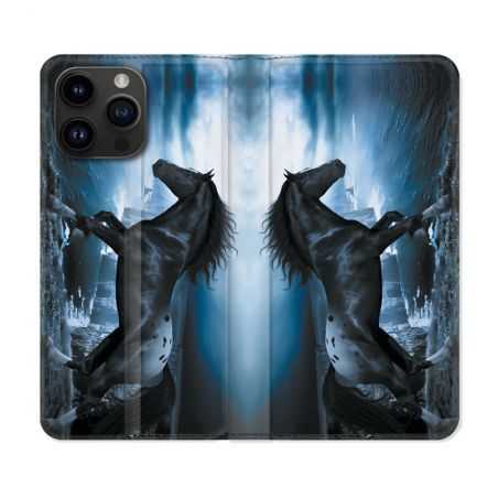 Housse Cuir Portefeuille Pour Iphone 15 Pro (6,1) Animal Cheval Noir
