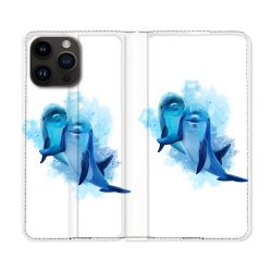 Housse Cuir Portefeuille Pour Iphone 15 Pro (6,1) Animal Dauphin Duo