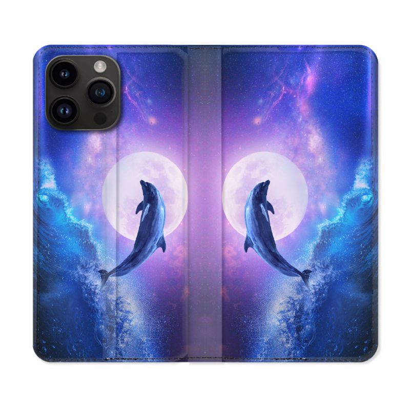 Housse Cuir Portefeuille Pour Iphone 15 Pro (6,1) Animal Dauphin Vague